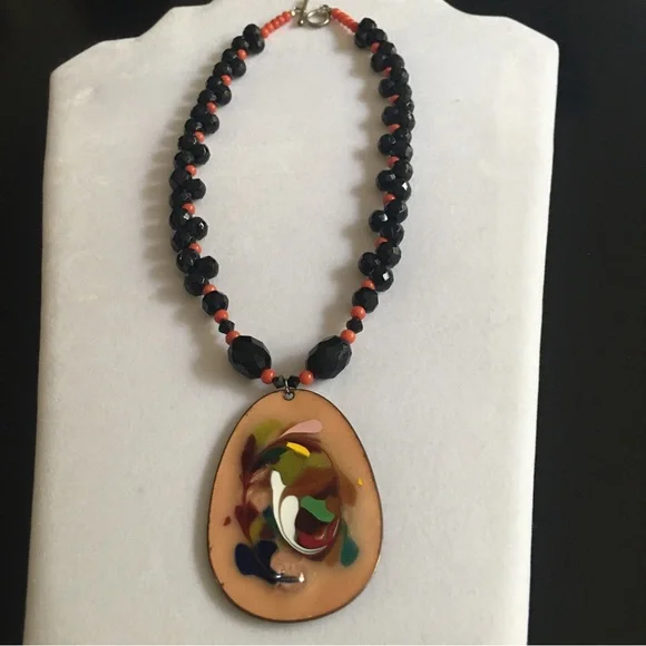 Beaded Necklace With Vintage Reversible Cloisonné Pendant - Picture 3 of 12